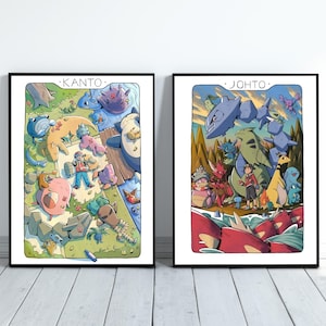 Pósteres de Kanto y Johto, paquete de Pokémon, póster de anime, alta calidad, arte mural imprimible, arte mural para dormitorio, decoración digital japonesa para el hogar.