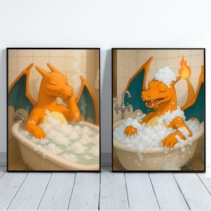 Charizard in hot bath, Bundle, Anime Poster, High Quality, Printable Wall Art, Bedroom Wall Art, Digital, Japanese Home Decor