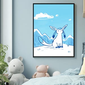 Puede incluir: Una ilustraci&oacute;n azul y blanca de un personaje Pok&eacute;mon, Espeon, sentado en una monta&ntilde;a nevada con un cielo azul y nubes blancas en el fondo.