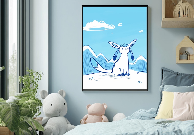 Puede incluir: Una ilustraci&oacute;n azul y blanca de un personaje Pok&eacute;mon, Espeon, sentado en una monta&ntilde;a nevada con un cielo azul y nubes blancas en el fondo.