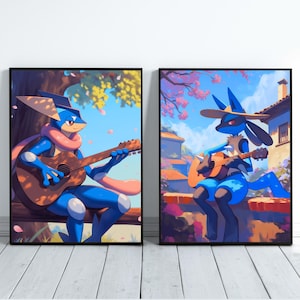 Greninja and Lucario Guitars Anime Poster: Japanese Home Decor (Digital)