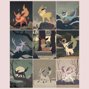 Eeveelutions 2, lot de posters, haute qualité, art mural imprimable, art mural de chambre à coucher, numérique, décoration d'intérieur japonaise. Cadeau parfait