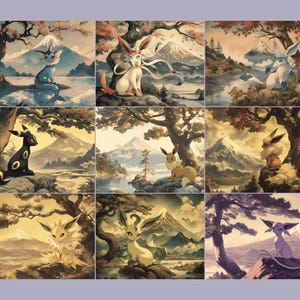 以下が含まれることがあります： 日本のスタイルで描かれた、異なる9種類のポケモンのイラスト。それぞれのポケモンは、背景に山がある、異なるポーズと設定で描かれている。ポケモンはすべて、イーブイの進化系統である。