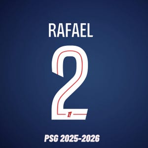 May include: A navy blue graphic with the name "RAFAEL" in white, above a large white number "2" with red trim. Below the number, the text "PSG 2025-2026" is displayed in white. The background is a solid navy blue.