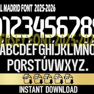 Real Madrid 2025-2026 Font international competitions– Digital Download for Shirts, Names & Numbers | Vector Typeface Kit Shirt Soccer.