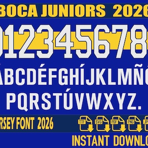 May include: A blue graphic with the text "BOCA JUNIORS 2026" in yellow. White numbers and letters are displayed in a jersey font. The text "JERSEY FONT 2026" and "INSTANT DOWNLOAD" are also present.