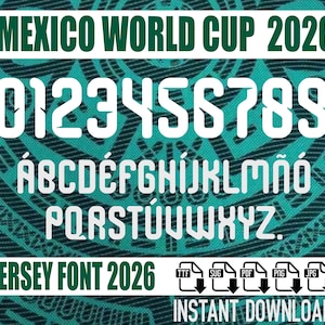 Puede incluir: Juego de fuentes blancas para la camiseta de la Copa Mundial de la FIFA 2026 de México. La imagen muestra números, letras y el texto "MEXICO WORLD CUP 2026" y "JERSEY FONT 2026". El fondo tiene un patrón geométrico turquesa y negro.