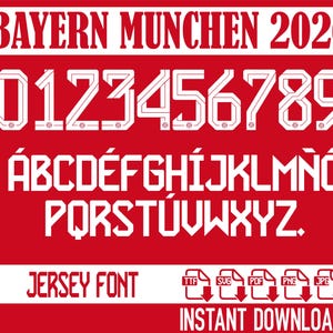 Könnte beinhalten: Roter Hintergrund mit weißem Text und Zahlen. Der Text oben lautet "BAYERN MUNCHEN 2026". Darunter befinden sich die Zahlen 0-9 und das Alphabet. Die Wörter "JERSEY FONT" und "INSTANT DOWNLOAD" sind ebenfalls vorhanden.