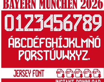 Schriftart für das Bayern München Trikot 2026 – Digitaler Download für Trikots, Namen & Nummern | Vektor-Schriftart für Fußballtrikots.