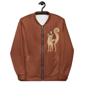 May include: A brown bomber jacket with a zipper closure and a graphic print of a person riding a fox with a long tail.