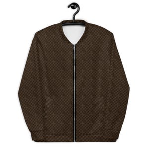 May include: A brown bomber jacket with a zipper closure and a subtle geometric pattern.