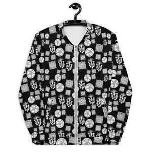 May include: Black bomber jacket with a white all-over print of various symbols and designs.
