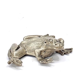 May include: A small, silver-colored frog figurine. The frog is in a resting pose, with its legs spread and eyes forward. The figurine has a textured surface and is set against a white background.