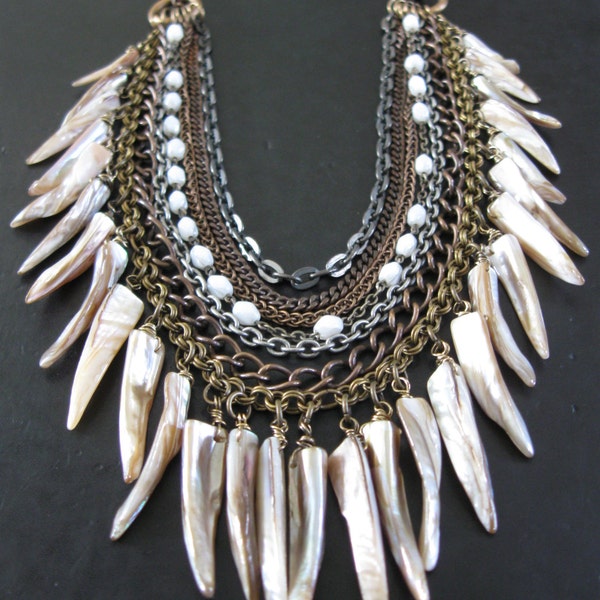 Man Eater - Mixed Metal Chain and Shell Tooth Statement Bib Necklace