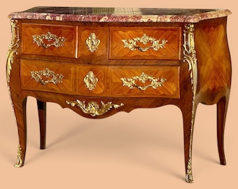 Louis XV Marquetry Commode – French Bronze Ormolu Marble Dresser