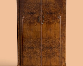 Vintage Art Deco Burl Walnut Wardrobe | Antique Style Bedroom Storage Armoire