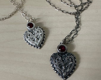 Fine Silver Antiqued Heart Necklace with Garnet Cubic Zirconia Handmade Silver chain