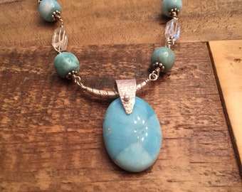 Baby Blue Larimar Pendant and Wirewrapped Beads with Lemon Quartz and Silver