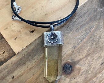 Large Smokey Quartz Crystal with Sterling Silver Cap Pendant and Leather Cord