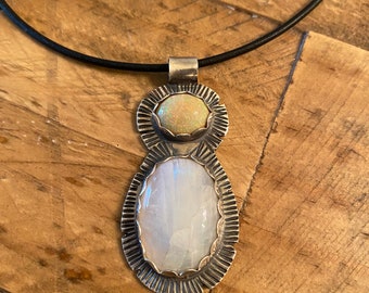 Yellow African Opal and Moonstone pendant with leather cord