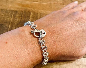 Chainmaille bracelet with heart clasp sterling silver