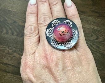 Fancy Large Round Cocktail Ring with Copper and Lampwork