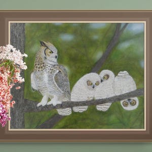 Owl Painting Print Original Art with Owl and Baby Owls Rustic Wildlife Wall Art Painting, Nature Print for Cabin Decor or Woodland Gift