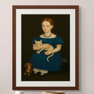 Vintage Girl Portrait Print: Folk Art Style, Cat and Puppy