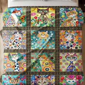 May include: A colorful quilt featuring a patchwork design of nine squares, each with a different illustration of a cat with colorful polka dots. The cats are all in various poses, some sitting, some standing, and some looking at the viewer. The quilt is made of a soft, comfortable fabric and is perfect for adding a touch of whimsy to any room.