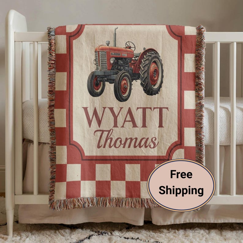 Personalized Farmhouse Tractor Blanket: Woven Cotton Baby Keepsake image 1