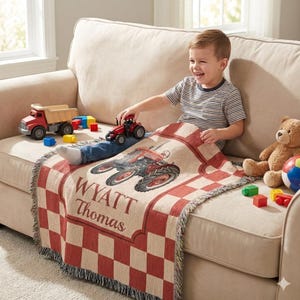 Personalized Farmhouse Tractor Blanket: Woven Cotton Baby Keepsake image 4