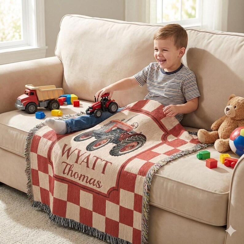 Personalized Farmhouse Tractor Blanket: Woven Cotton Baby Keepsake image 4