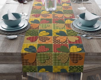 Farmhouse Table Runner: Rustic Patchwork Hearts, Fall Decor Homeware