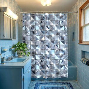Disco Ball Inspired Shower Curtain Extra Long Option, Printed Silver Mirror Tile Look, Sparkly Retro Bathroom Decor, Cool Shower Curtains