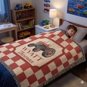 Personalized Farmhouse Tractor Blanket: Woven Cotton Baby Keepsake image 5