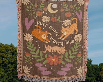 Boho Cat Woven Cotton Blanket or Wall Tapestry - Floral Jacquard Throw