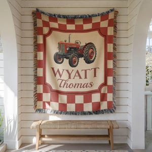Personalized Farmhouse Tractor Blanket: Woven Cotton Baby Keepsake image 6