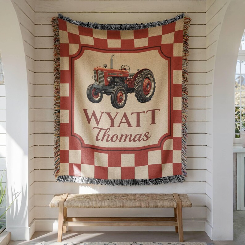 Personalized Farmhouse Tractor Blanket: Woven Cotton Baby Keepsake image 6