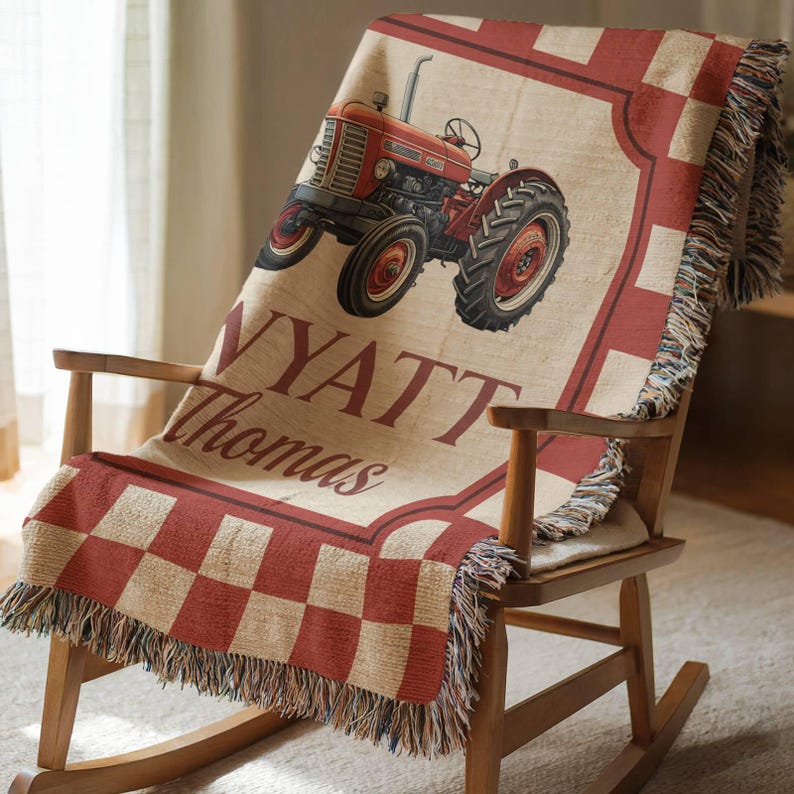 Personalized Farmhouse Tractor Blanket: Woven Cotton Baby Keepsake image 3