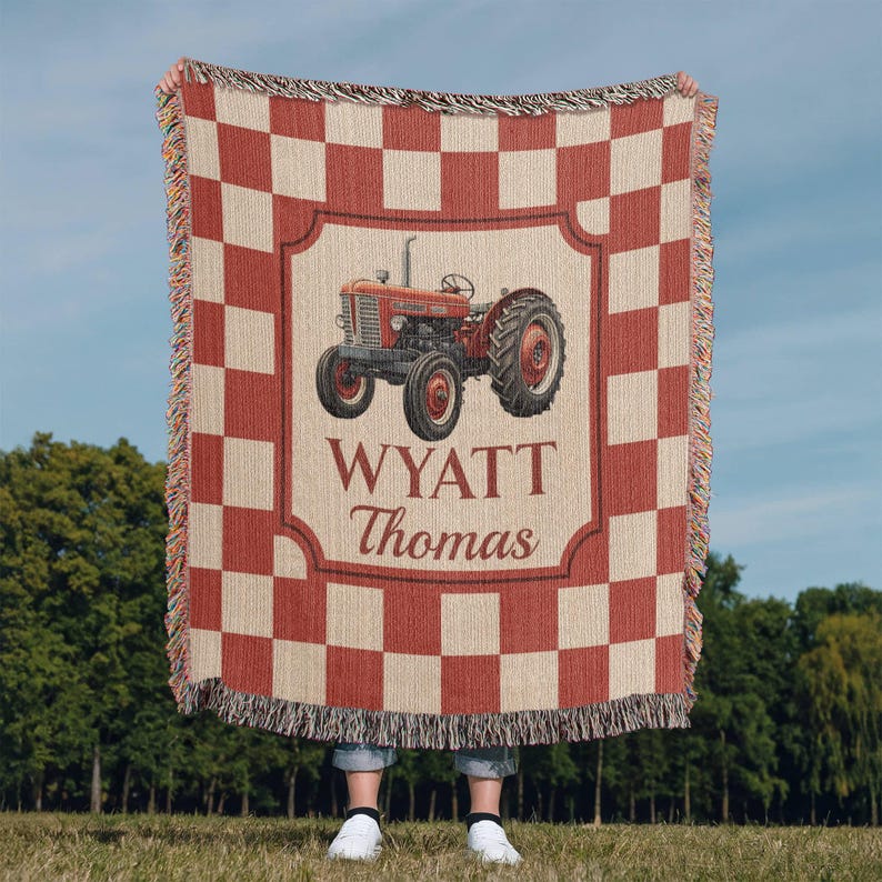 Personalized Farmhouse Tractor Blanket: Woven Cotton Baby Keepsake image 7