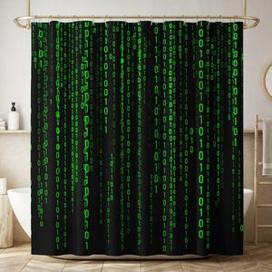Rideau de douche à motif binaire, décoration de salle de bain inspirée de la pluie numérique verte, design cyberpunk pour gamers et programmeurs.