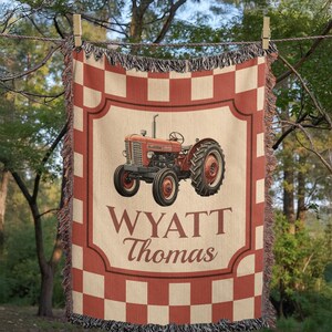Personalized Farmhouse Tractor Blanket: Woven Cotton Baby Keepsake image 2