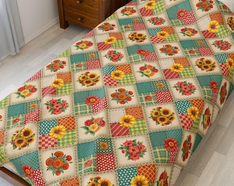 Patchwork Floral Blanket | Farmhouse Throw, Romantic Cottagecore Quilt-Inspired Bedding, Cozy Vintage Style