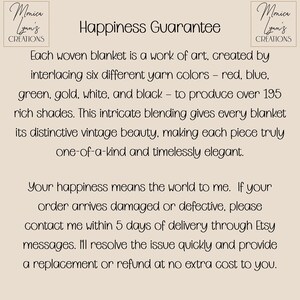 May include: Text on a beige background reads "Happiness Guarantee" and describes woven blankets made with six yarn colors. The text also mentions a satisfaction guarantee and contact information.