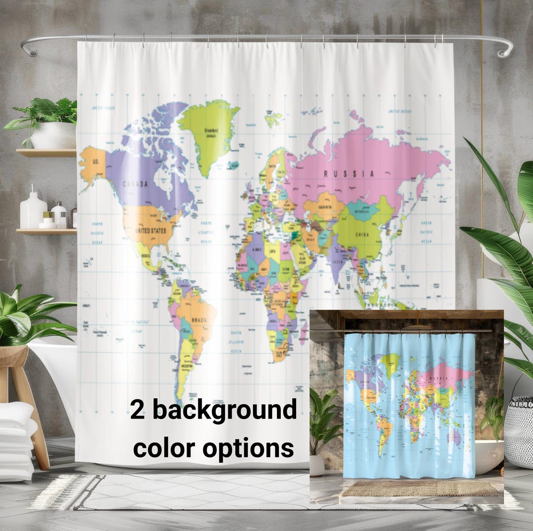World Map Shower Curtain, Educational Atlas Bathroom Decor, Colorful ...