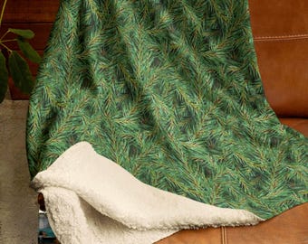 Rustic Pine Branches Sherpa Fleece Blanket: Cozy Cabin Decor