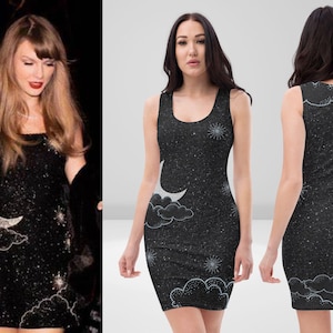 Vestido Midnight Sparkle / Minivestido inspirado en Taylor / Vestido de cumpleaños Swift / Vestido celestial con estampado de cuentas NO reales y destellos y cuentas