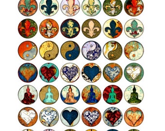 One Inch Art Circles, Fleur de Lis, Hearts, Buddha, Yin Yang, Digital Collage Print Sheet no266