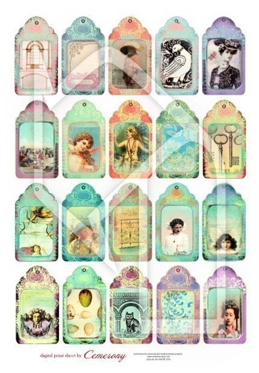 Romantic Tags-labels multi Color Vintage Digital Collage Print Sheet ...