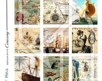 Ship at Sea and Old Maps 2x2 Inch Digital Collage Print Sheet no100